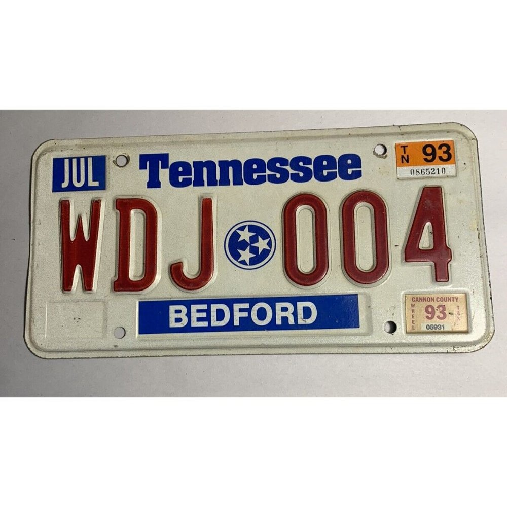 Vintage 1993 Tennesse License Plate 3 Stars Bedford Cannon County WDJ004 Expired